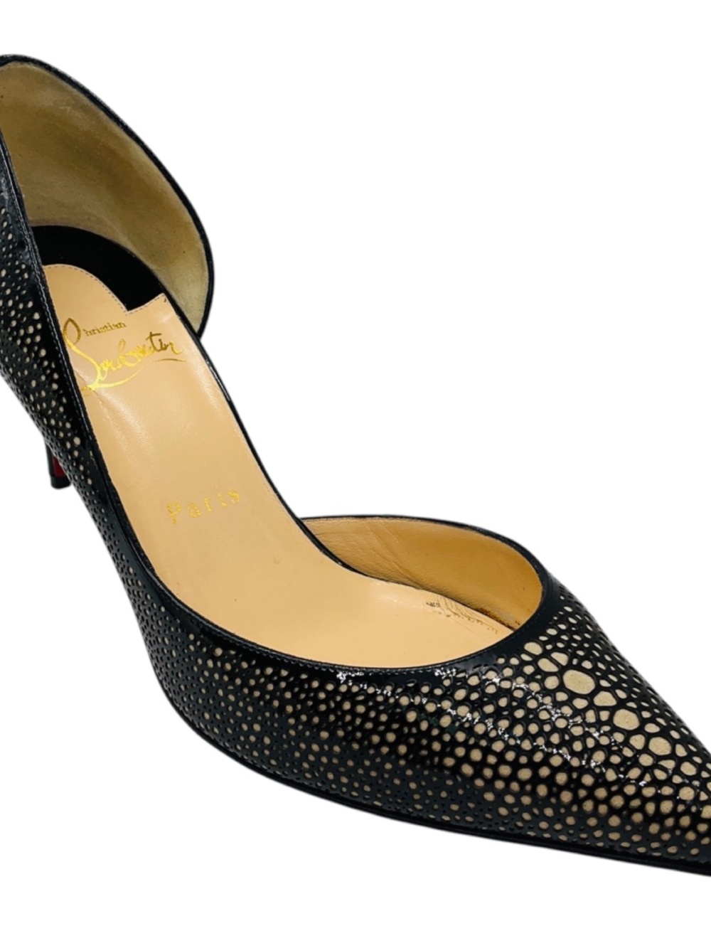 CHRISTIAN LOUBOUTIN BLACK / BEIGE LASER CUT PATENT LEATHER IRIZA PUMPS